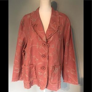 linen blend jacket with floral embroidery.